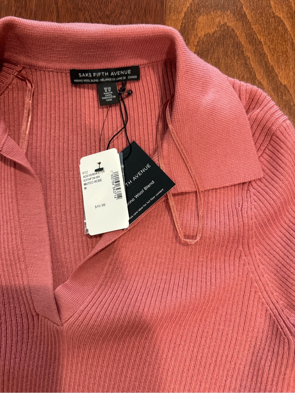 Saks Fifth Avenue Ribbed Knit Polo Sweater - Dusty Rose - Picture 2 of 2